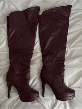 AVERY - Women's Burgundy Over-the-Knee Platform Heeled Boots